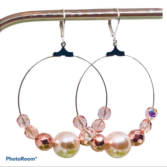 BOUTIQUE Pink and Pearl Beaded Hoop Earrings, Large Dangles, Czech Glass Beaded - Picture 5 of 7